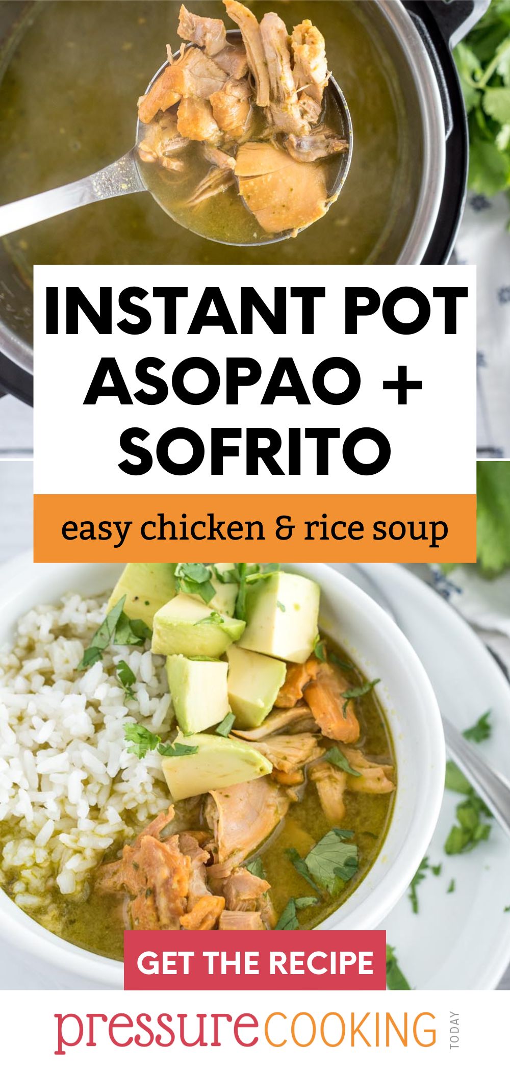 A picture collage including asopao made in an Instant Pot on top, and a close up of asopao served in a white bowl with rice and fresh avocado. via @PressureCook2da