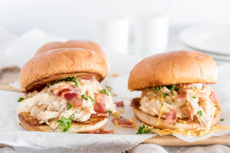 Chicken ranch sandwiches with bacon, made in an Instant Pot, ready to serve.