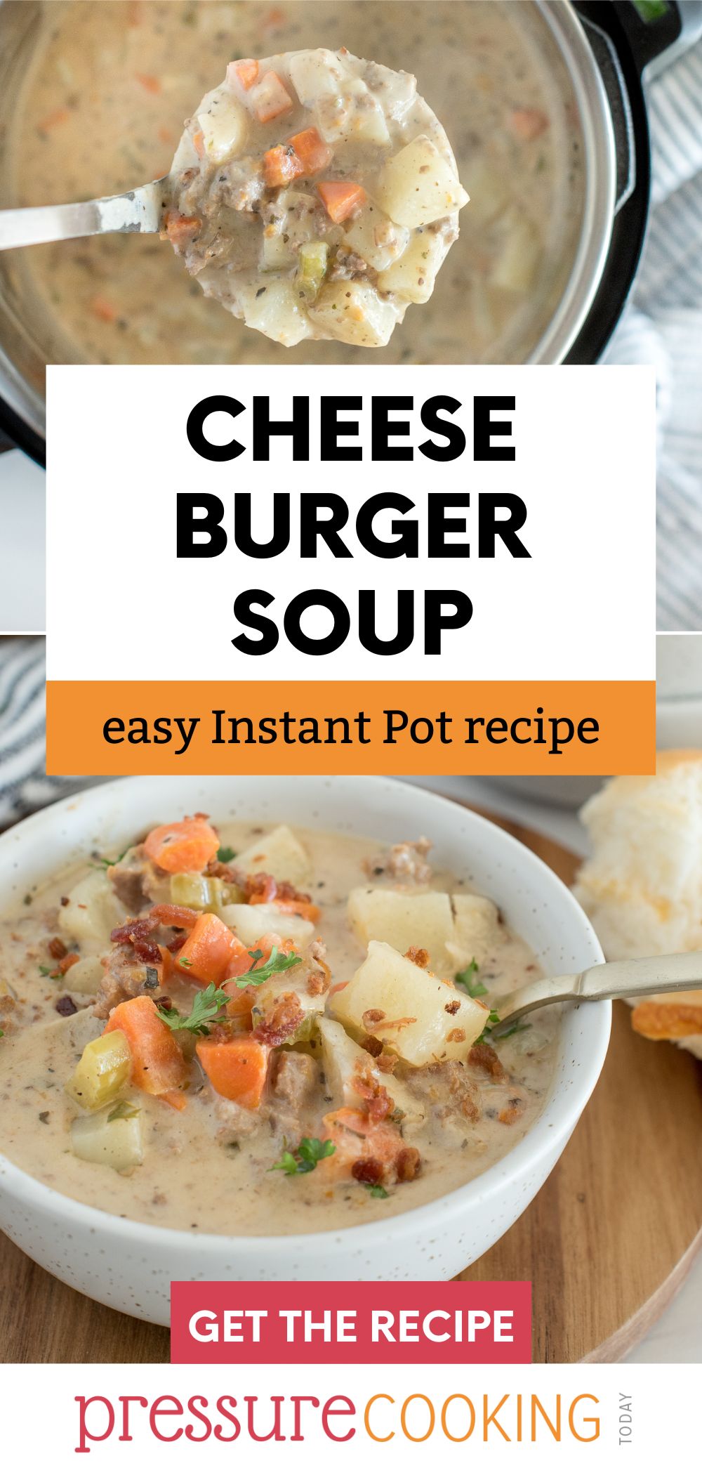 Picture collage including a scoop full of cheeseburger soup from an Instant Pot on top, and a close up of cheeseburger soup in a white bowl, topped with fresh parsley and crumbled bacon. via @PressureCook2da