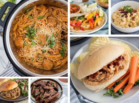 a collage of six dump and go meals, prominently featuring spaghetti and meatballs, BBQ chicken sandwiches, fajitas, pot roast, sloppy joes, and mac and cheese