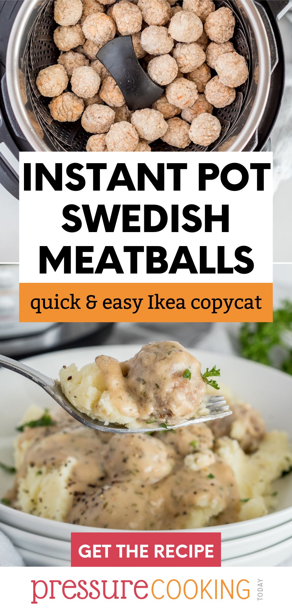 Picture collage with a picture of frozen Swedish Meatballs in an Instant Pot on top, and Swedish Meatballs in a cream gravy served on mashed potatoes and placed in front of an Instant Pot on bottom. via @PressureCook2da