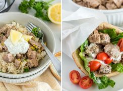 Two photos of different serving suggestions for Greek Pork. On the left is a bowl of lemon rice with Greek pork topped with tzatziki sauce and lemon wedges, placed in front of an Instant Pot; and on the right is another plate with with Greek pork, lettuce, tomatoes, and tzatziki sauce in a pita bread made into a Greek taco.