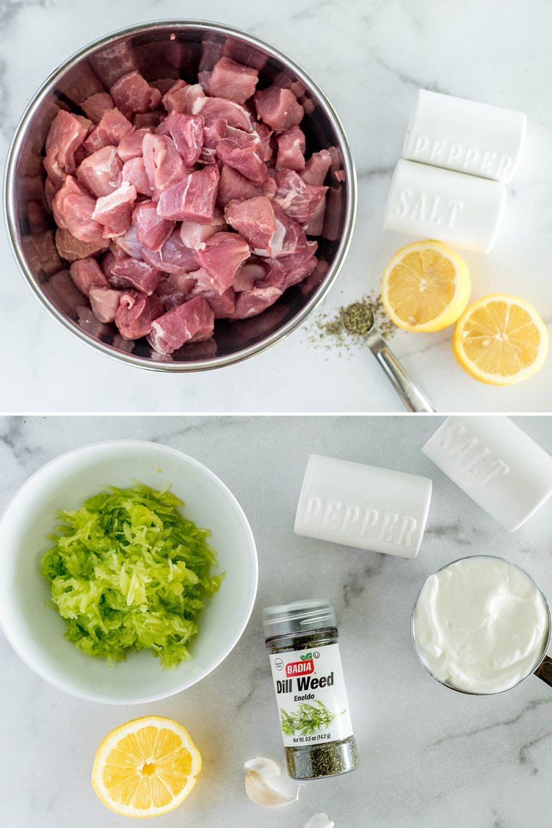 Picture collage with a picture on top of ingredients for Greek pork, including cubed pork, oil, marjoram, salt, pepper, and lemon; and ingredients for