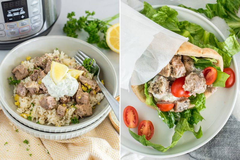 Two side-by-side serving ideas for the greek pork. On the left, a bowl of lemon rice with Greek pork topped with tzatziki sauce and lemon wedges, placed in front of an Instant Pot; and on the right, another plate with with Greek pork, lettuce, tomatoes, and tzatziki sauce in a pita bread made into a Greek taco.