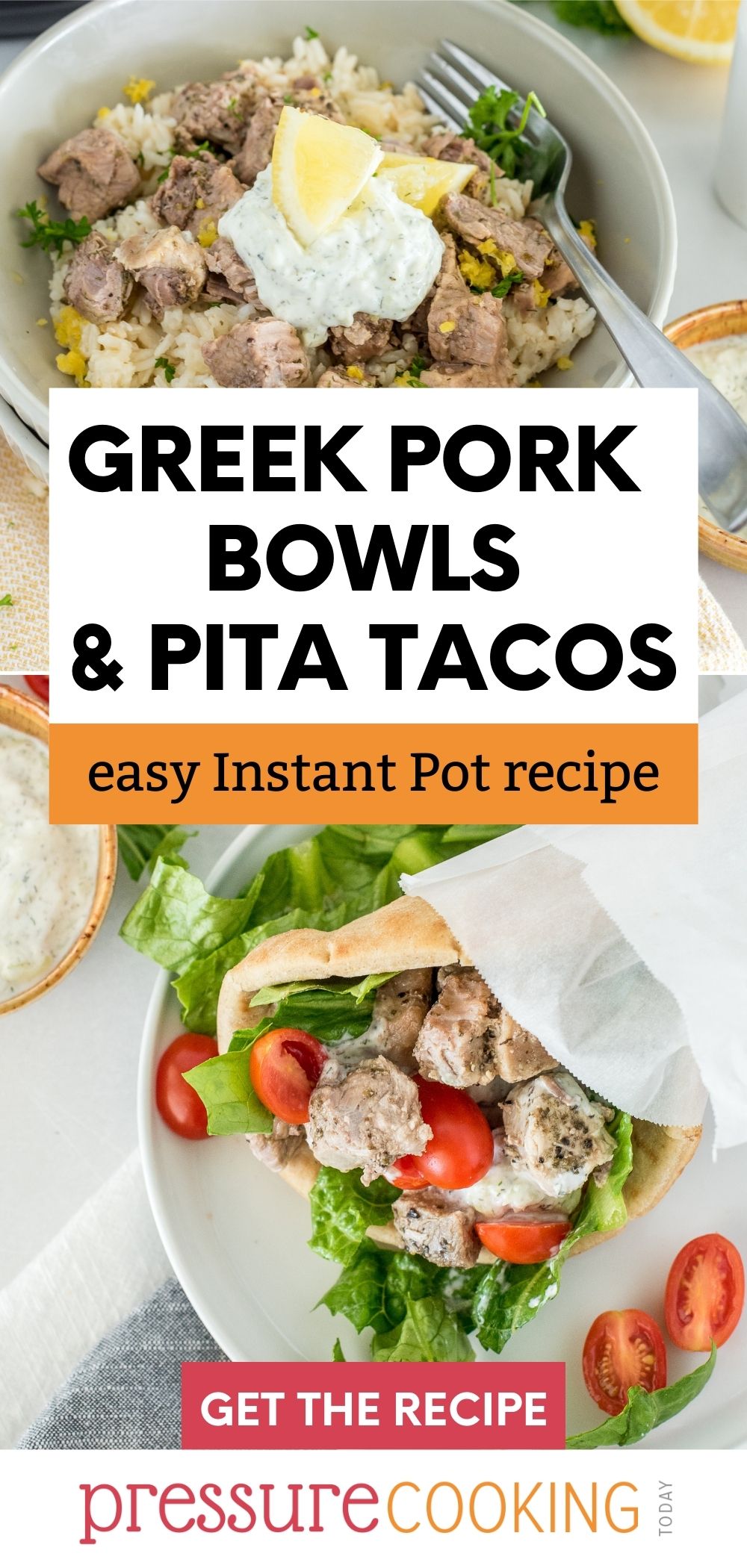 Instant Pot greek pork picture collage with a picture in a white bowl on top of lemon rice and topped with tzatziki sauce on top, and greek pork in a pita with tzatziki sauce, tomatoes, and lettuce in a pita, for a Greek taco on bottom. via @PressureCook2da