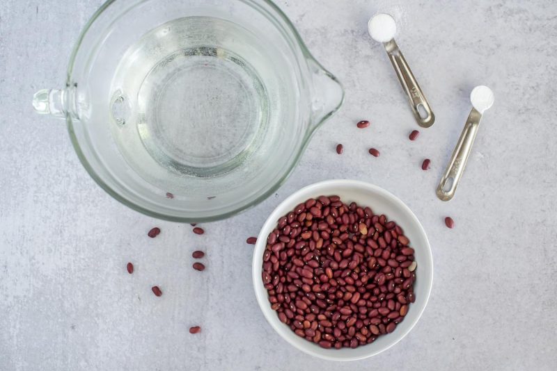 Ingredients for Instant Pot kidney beans, including, dried kidney beans, salt, baking soda, and water.