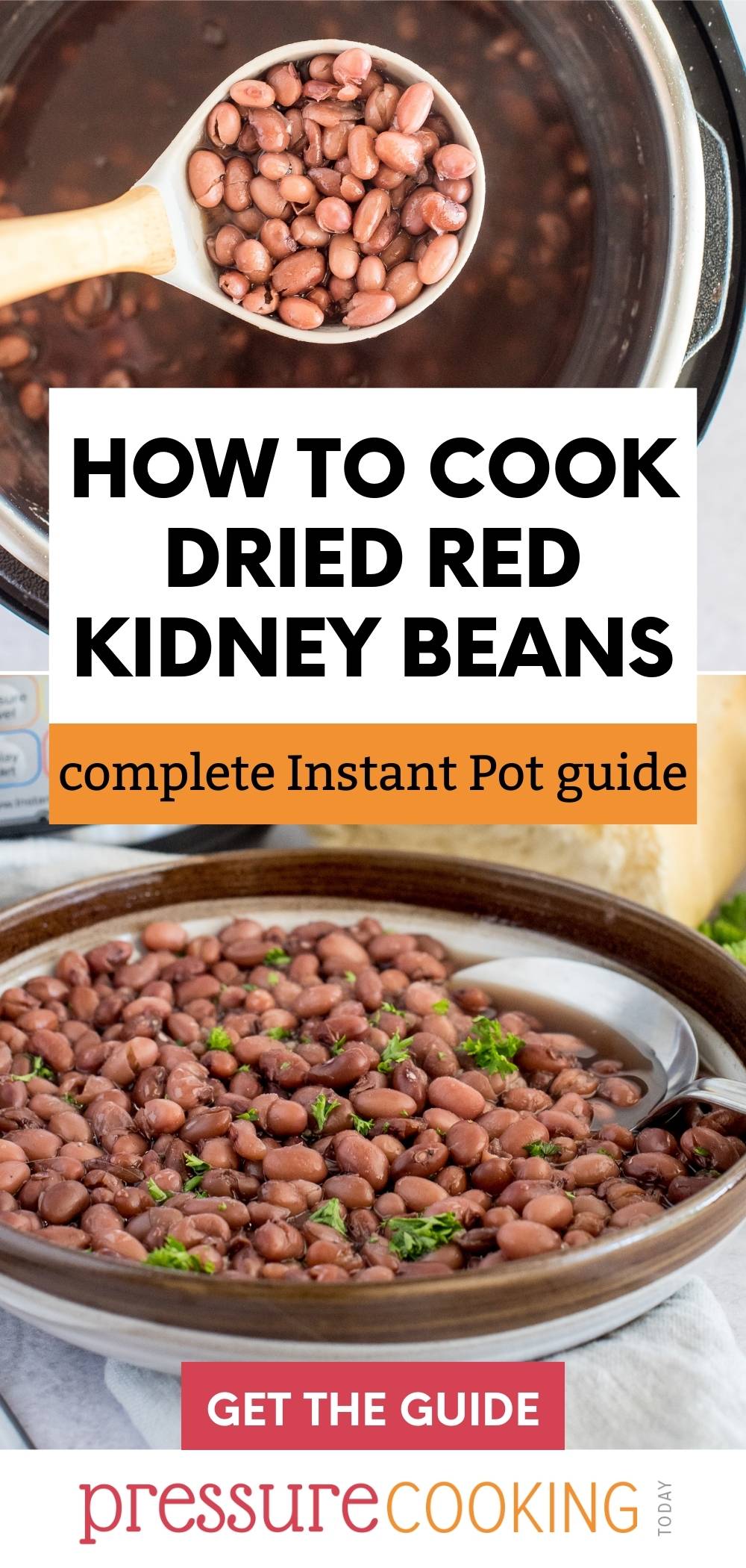 A picture collage with kidney beans on a spoon over an Instant Pot full of kidney beans, and a bowl of Instant Pot kidney beans in a bowl with fresh parsley sprinkled on top. via @PressureCook2da