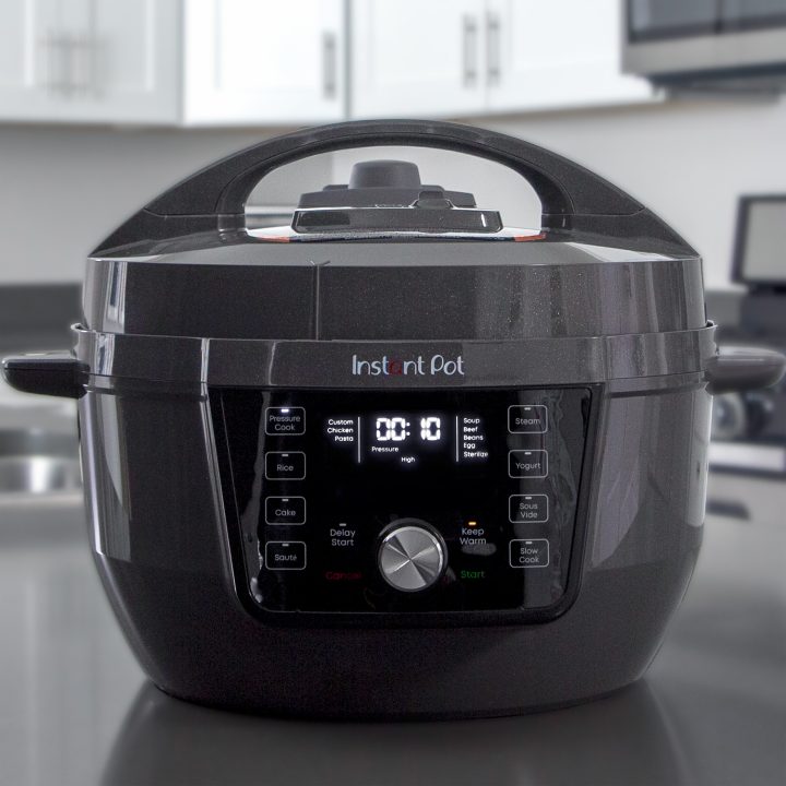Picture showing the front of the Instant Pot Rio Wide Plus with the display on.