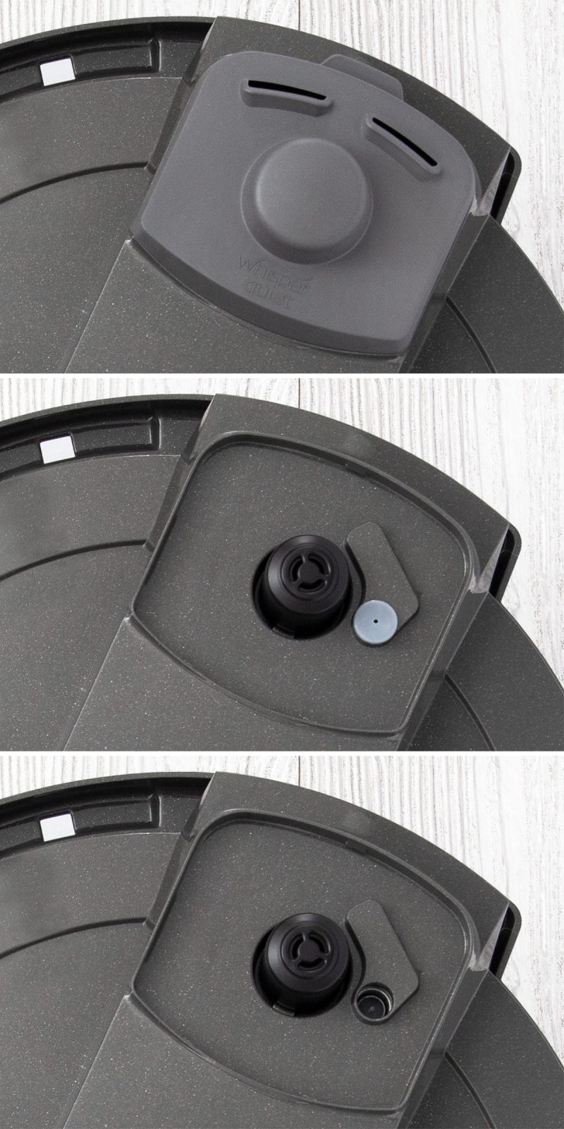 Picture collage showing the steam release valve of the Instant Pot Rio Wide Plus. The top picture shows it with the whisper quiet cover. The second picture shows the release valve and the float valve cover, the final picture shows with the float valve cover removed.