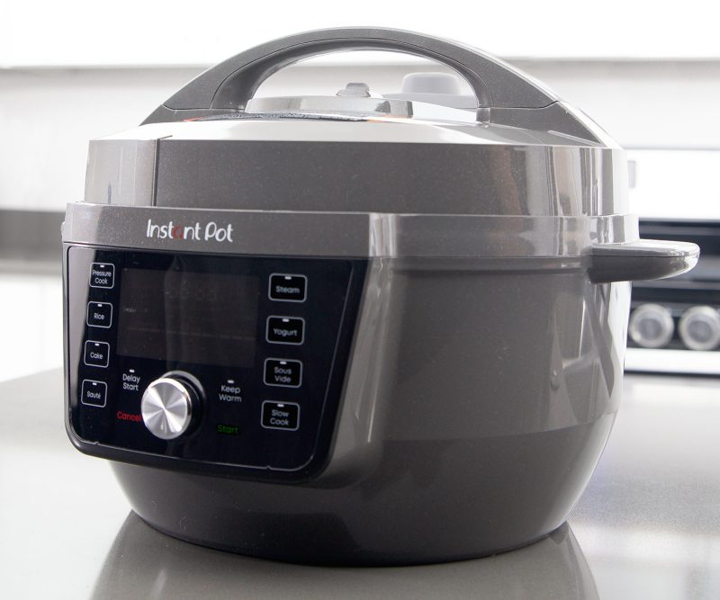 Side view of the Instant Pot Rio Wide Plus with a gray plastic exterior.