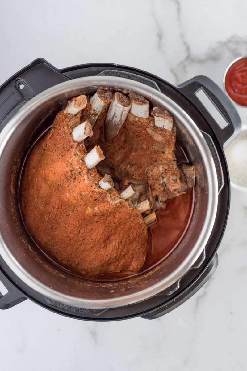 An overhead picture of Memphis ribs cooked inside an Instant Pot.