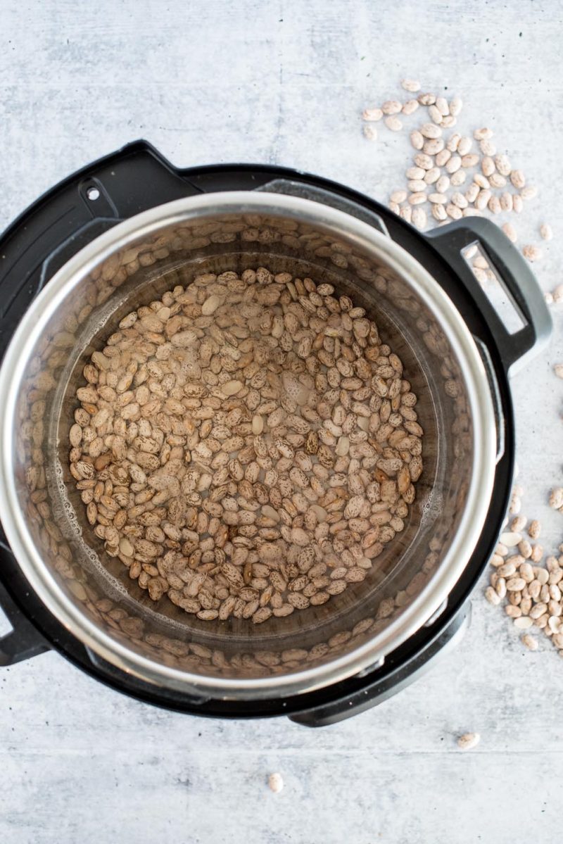 Overhead picture of dried pinto beans with water in an Instant Pot.