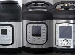 Close ups of three different Instant Pot models for the Instant Pot Comparison