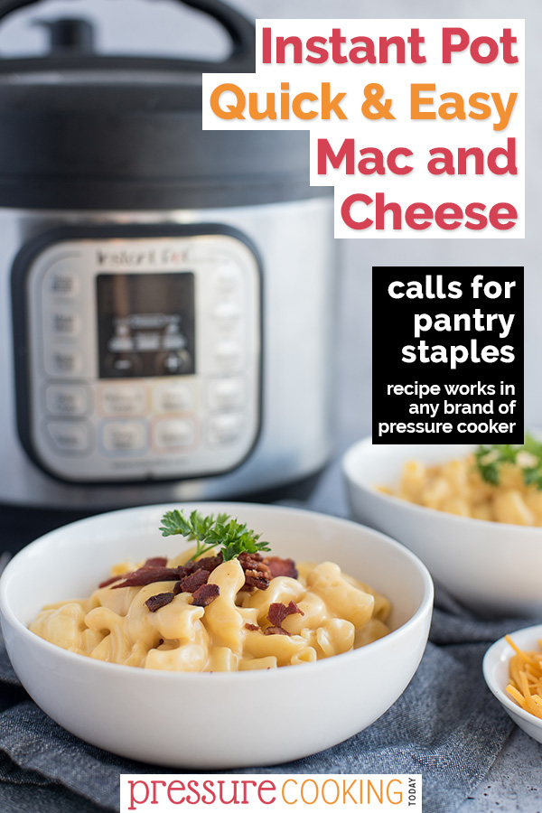 This Instant Pot Mac and Cheese is SUPER easy and made using just pantry staples, spices, and shredded cheese. (If you have bacon on-hand, it's an amazing addition.) You would never guess that the sauce uses canned ingredients! via @PressureCook2da