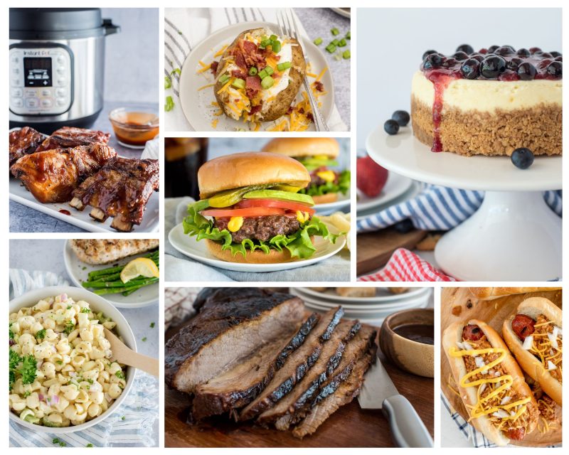 A collage of recipe ideas for Memorial Day. From top left, we have an Instant Pot with a white platter of ribs in front of it, a loaded baked potato with all the toppings, a white vanilla cheesecake with a red and blue topping, a loaded hamburger, a white bowl filled with macaroni salad, sliced beef brisket, and loaded hot dogs topped with a zig zag of mustard. 