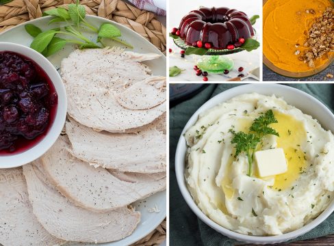Collage featuring a large image of sliced turkey on the left, with a small image of cranberry jelly and sweet potato casserole on the top right, and mashed potatoes on the bottom right