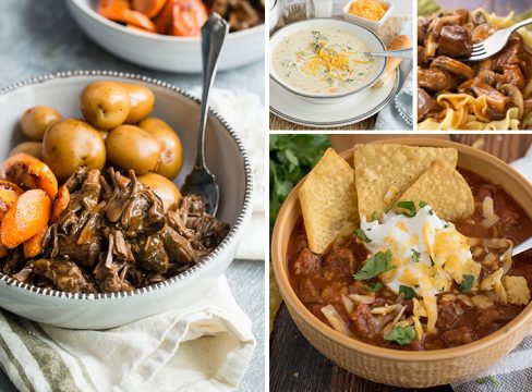 A picture collage of fall Instant Pot recipes including pot roast with potatoes and carrots, broccoli cheese soup, beef stroganoff, and a bowl of beef and bean chili topped with tortilla chips, sour cream, and shredded cheese.