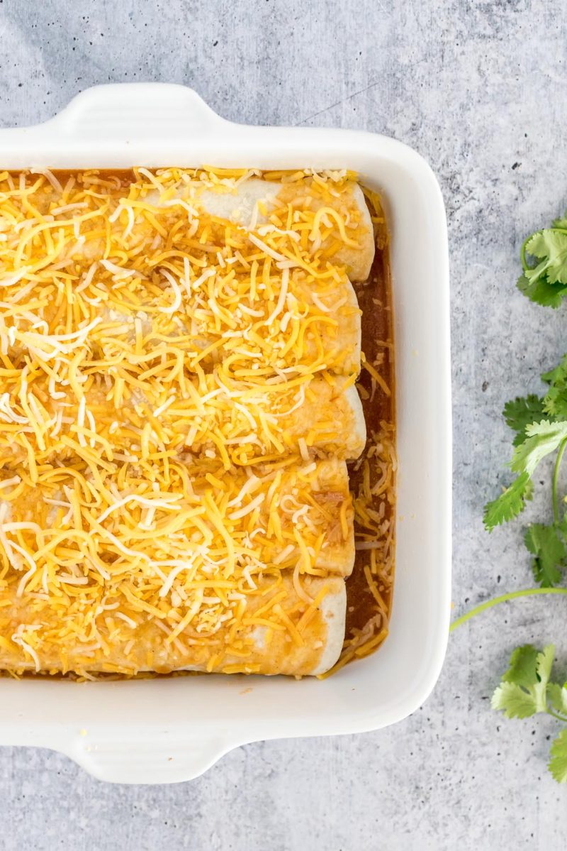 A small white baking dish filled with five rolled enchiladas, enchilada sauce, and topped with unmelted, shredded cheese.