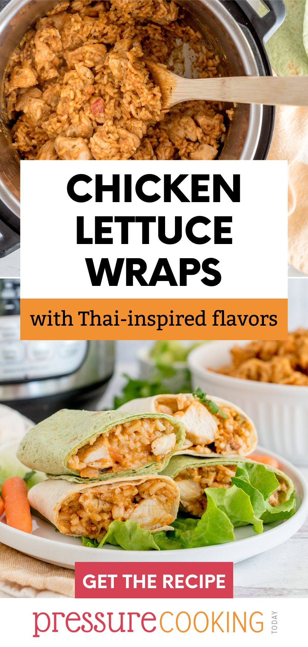 A picture collage cooking Thai chicken burrito filling in an Instant Pot on top, and wraps filled with Thai inspired filling on a plate below. via @PressureCook2da