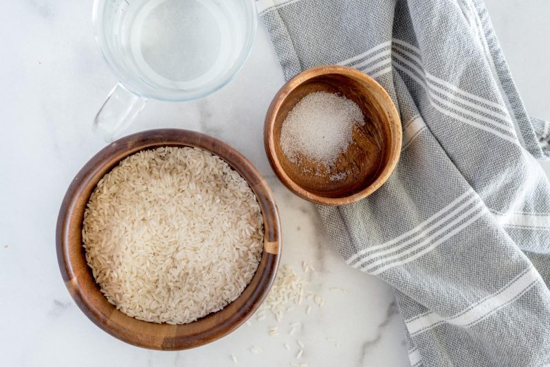 Ingredients for Instant Pot white rice, including rice, salt, and water.