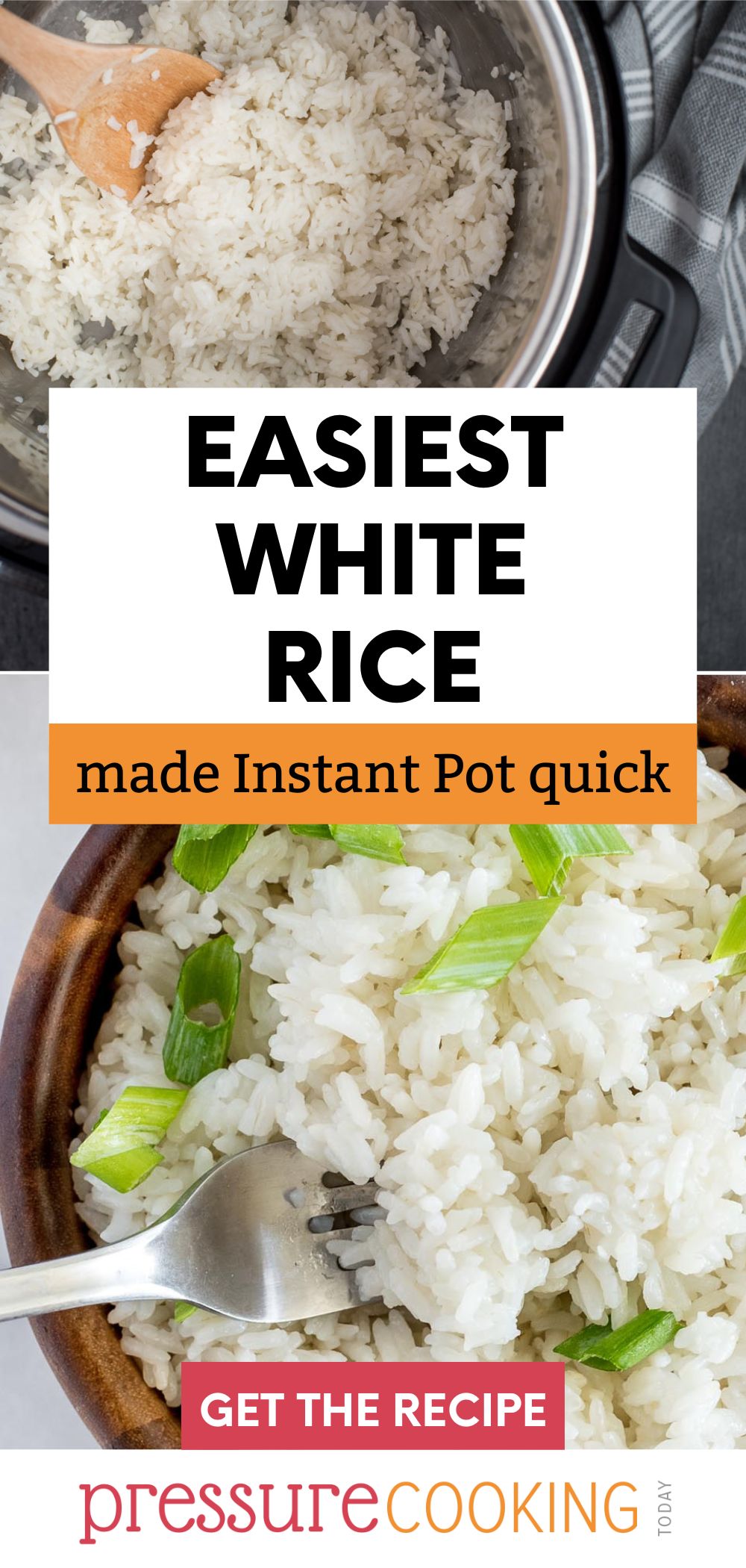 Picture collage including the top picture of white rice cooked in an Instant Pot, and the bottom picture of white rice in a wooden bowl, topped with sliced green onion. via @PressureCook2da